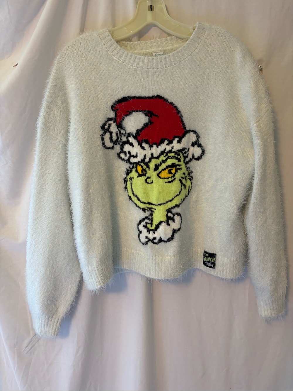 Justice White Fuzzy Grinch Christmas Sweater with Red Hat